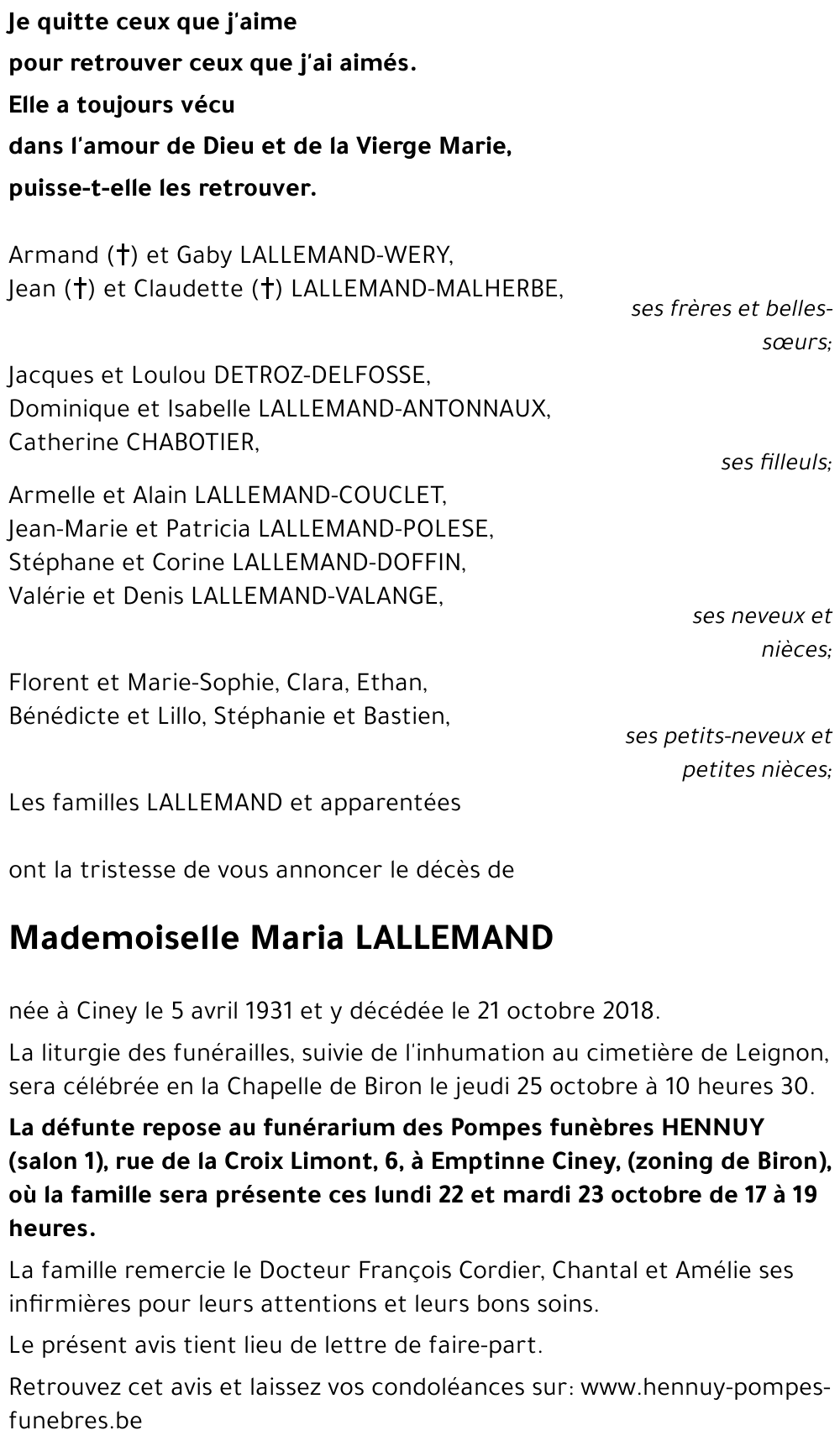 Avis De Décès De Maria Lallemand Décédé Le 21 10 2018 à Dinant 