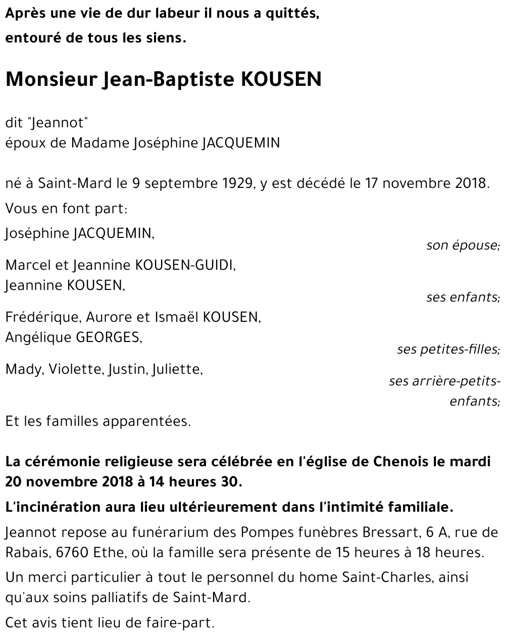 Jean-Baptiste KOUSEN « dit Jeannot » 