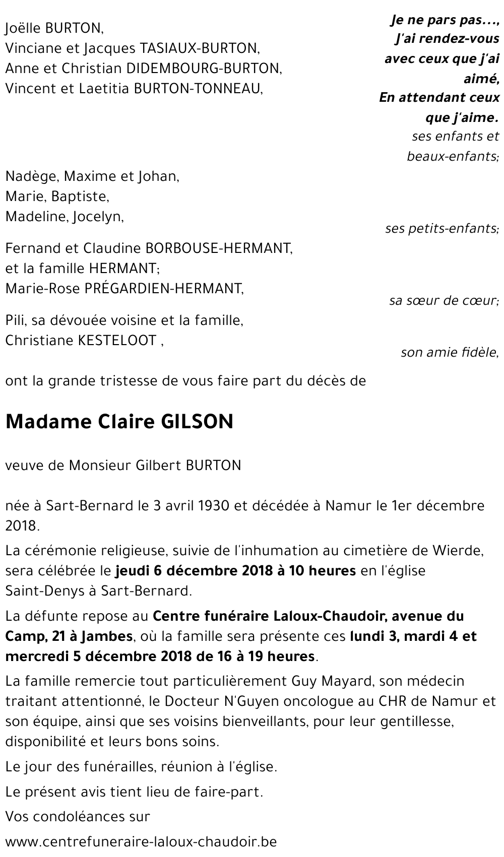 Avis de décès de Claire Gilson décédé le 01/12/2018 à Namur : annonce ...