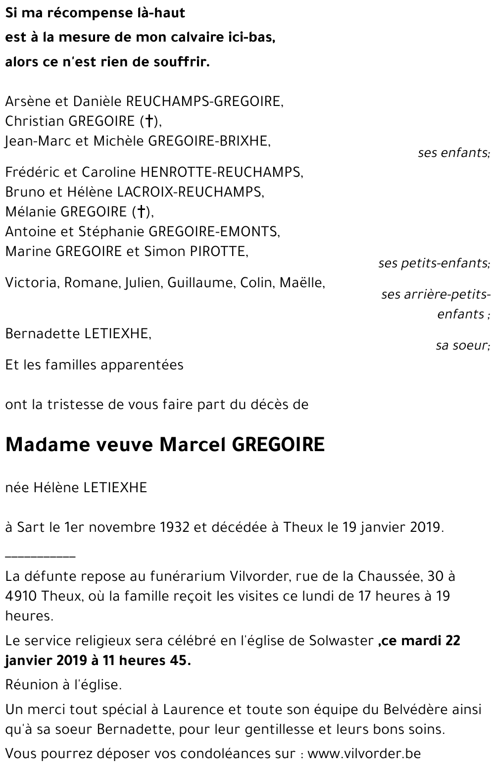 veuve Marcel GREGOIRE