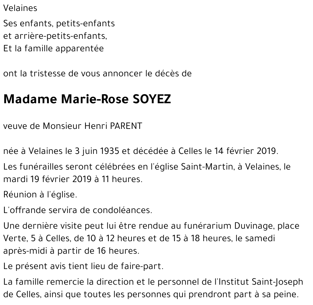 Avis de décès de Marie-Rose SOYEZ décédé le 14/02/2019 à Celles ...