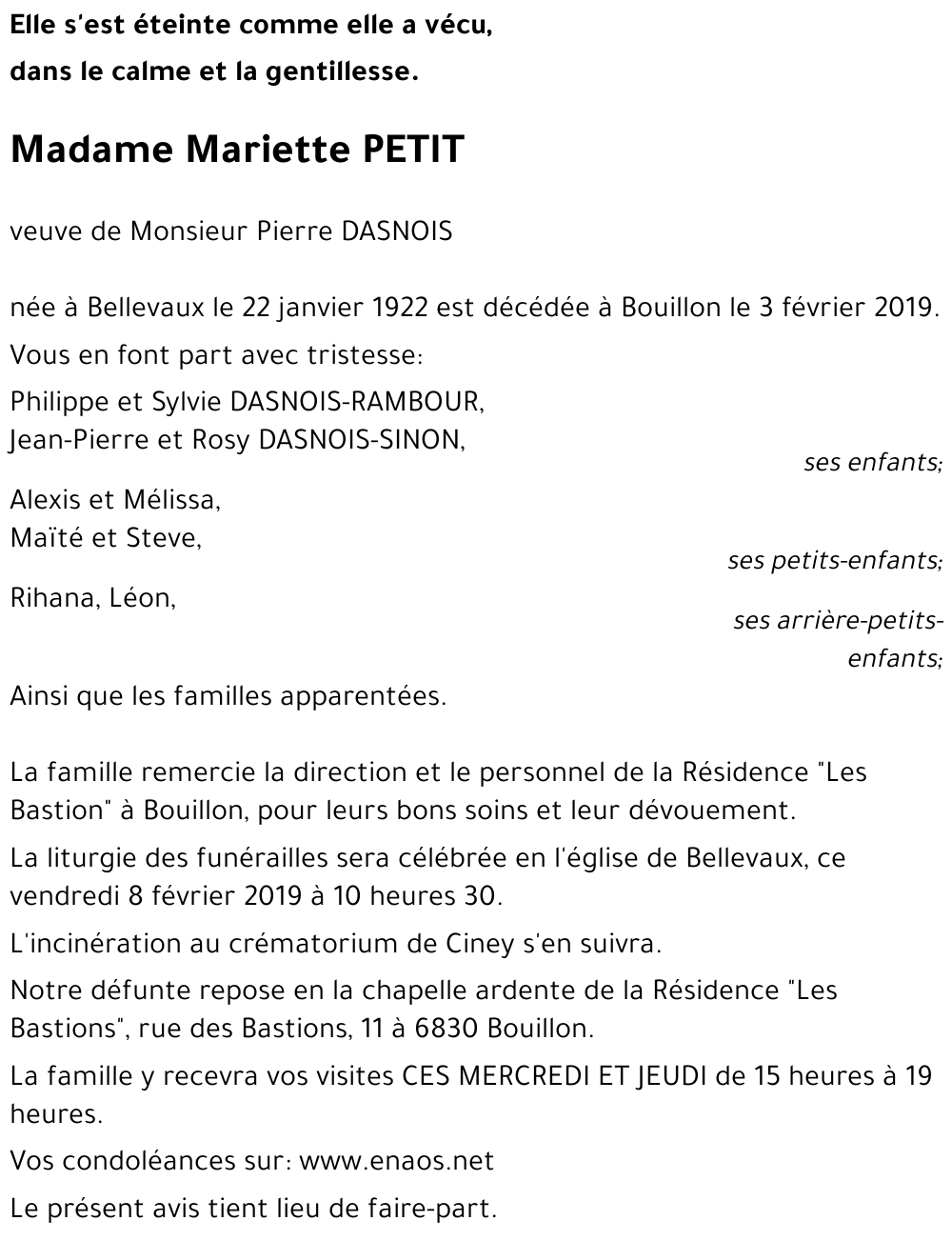 Avis de décès de Mariette PETIT décédé le 03/02/2019 à Bouillon ...