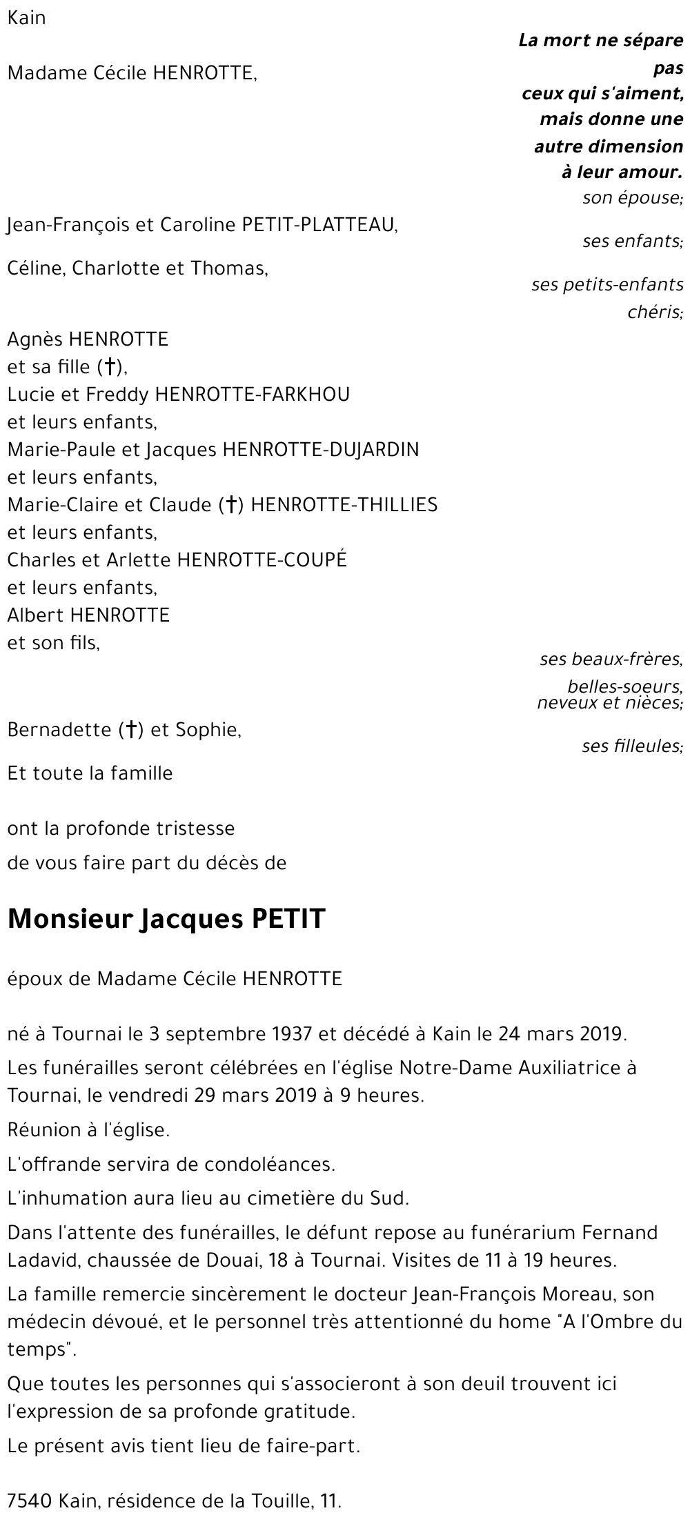 Avis de décès de Jacques PETIT décédé le 24/03/2019 à Kain : annonce ...