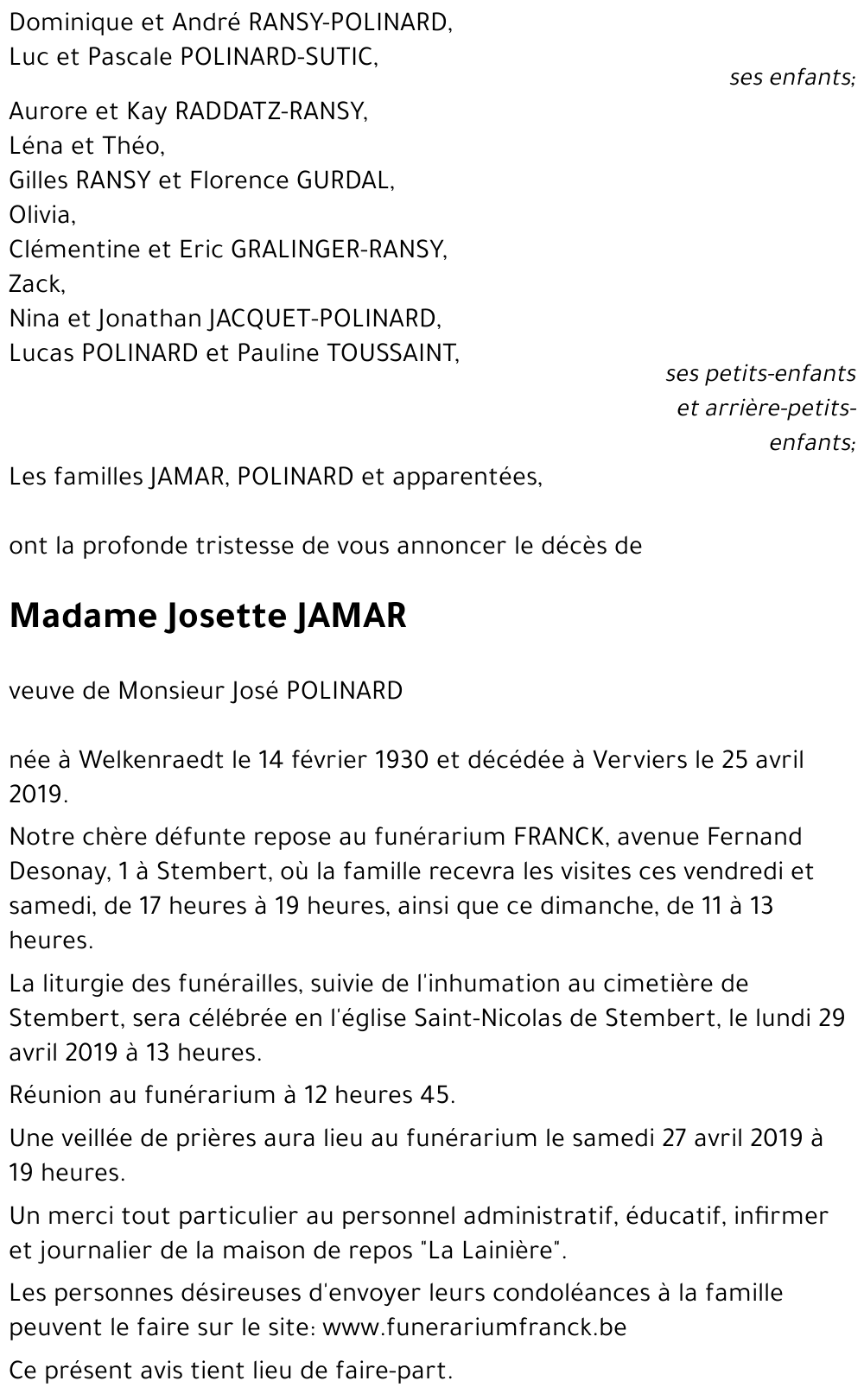 Avis De Décès De Josette Jamar Décédé Le 25 04 2019 à Verviers 