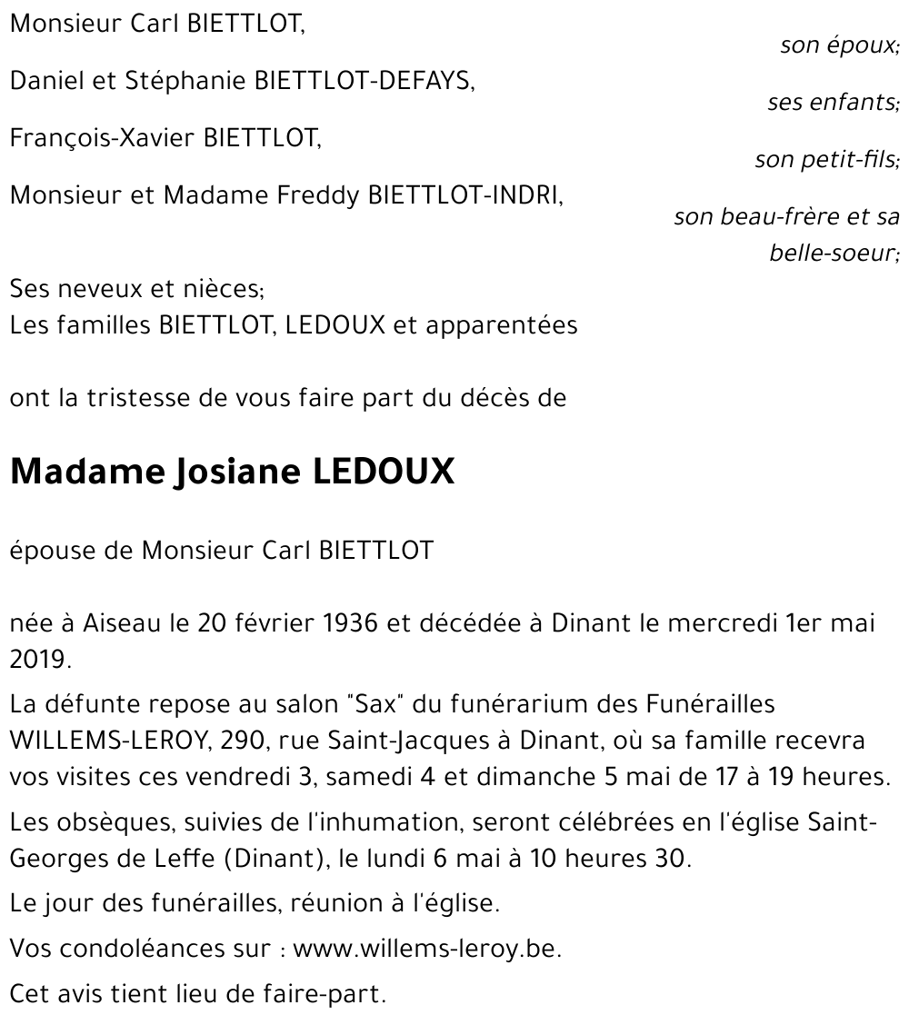 Avis de décès de Josiane LEDOUX décédé le 01/05/2019 à Dinant annonce