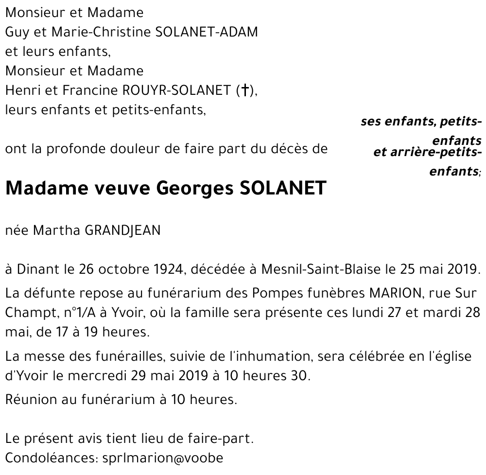 veuve Georges SOLANET