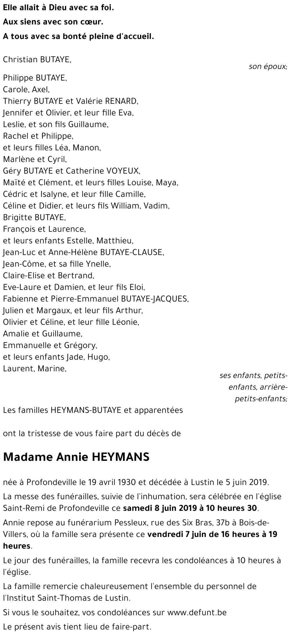 Avis de décès de Annie HEYMANS décédé le 05/06/2019 à Lustin : annonce ...