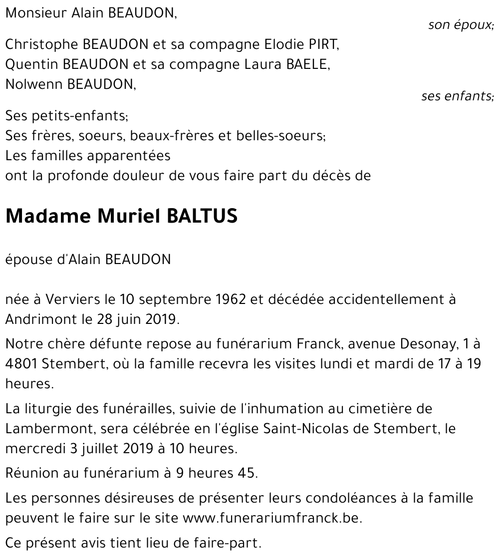 Avis De Décès De Muriel BALTUS Décédé Le 28/06/2019 à Andrimont ...