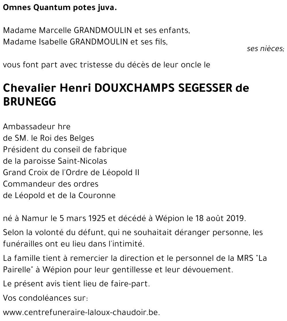 Henri DOUXCHAMPS SEGESSER de BRUNEGG