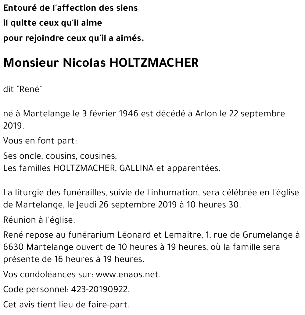 Nicolas ( dit René) HOLTZMACHER