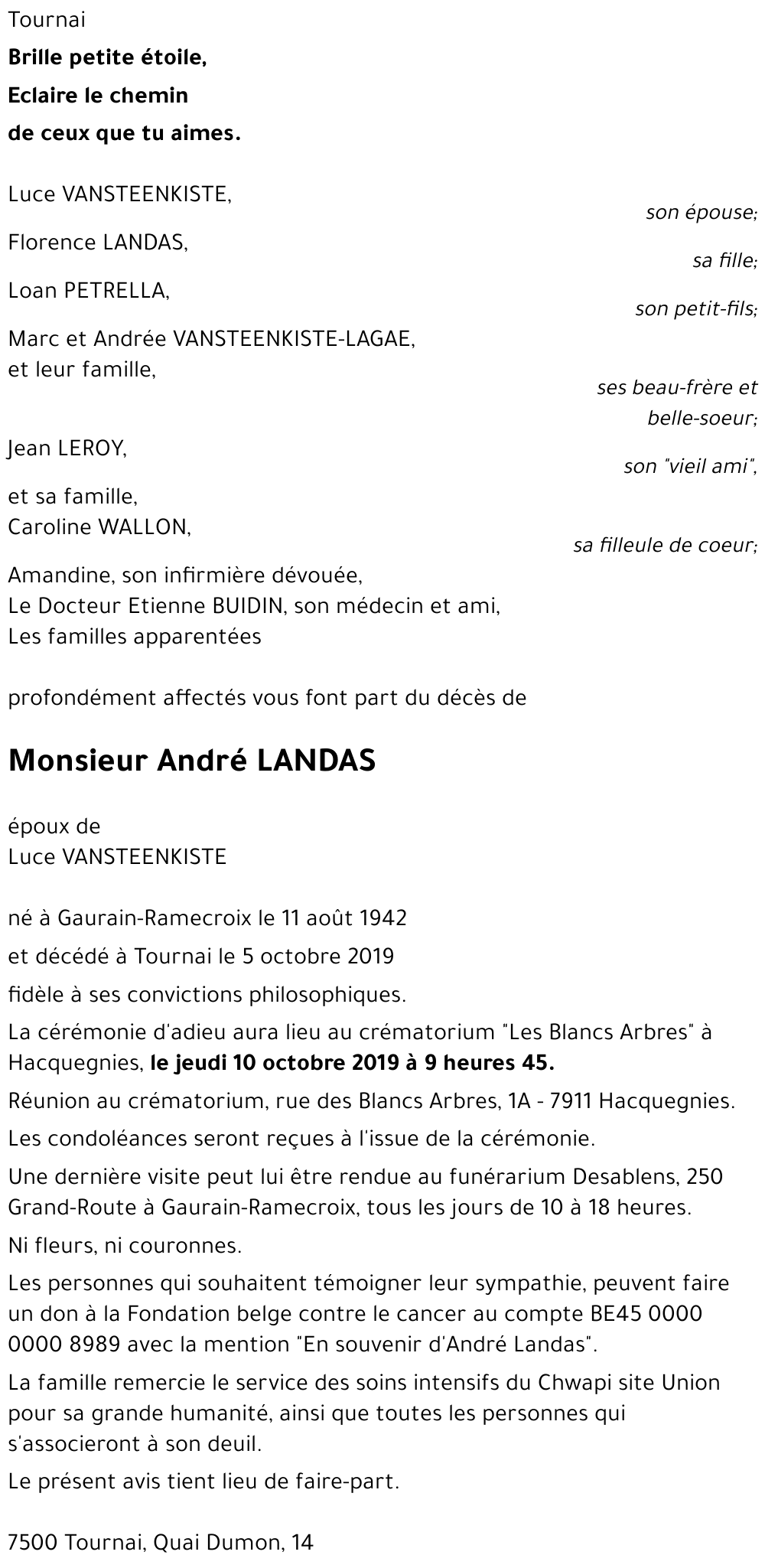 Avis de décès de André LANDAS décédé le 05/10/2019 à Tournai : annonce ...