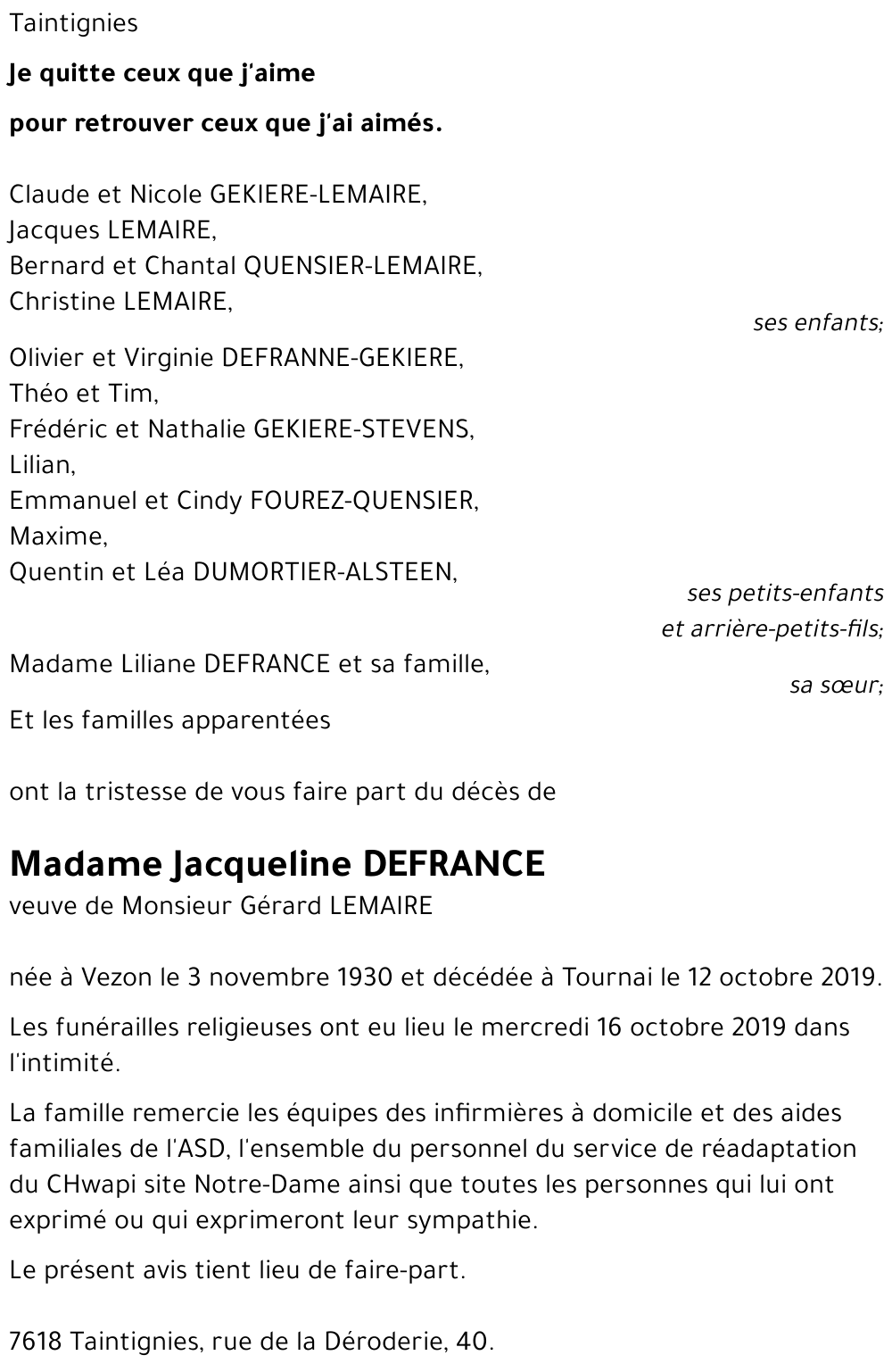 Jacqueline DEFRANCE