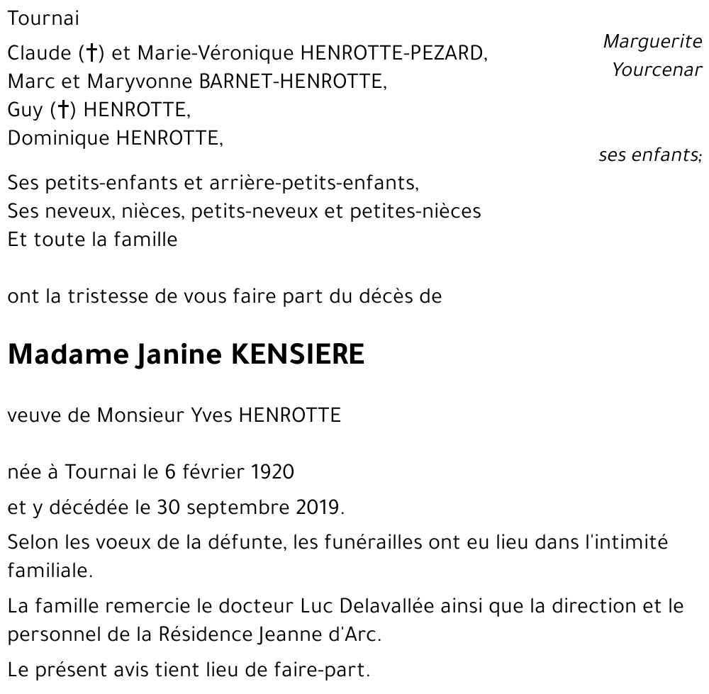 Avis De D C S De Janine Kensiere D C D Le Tournai