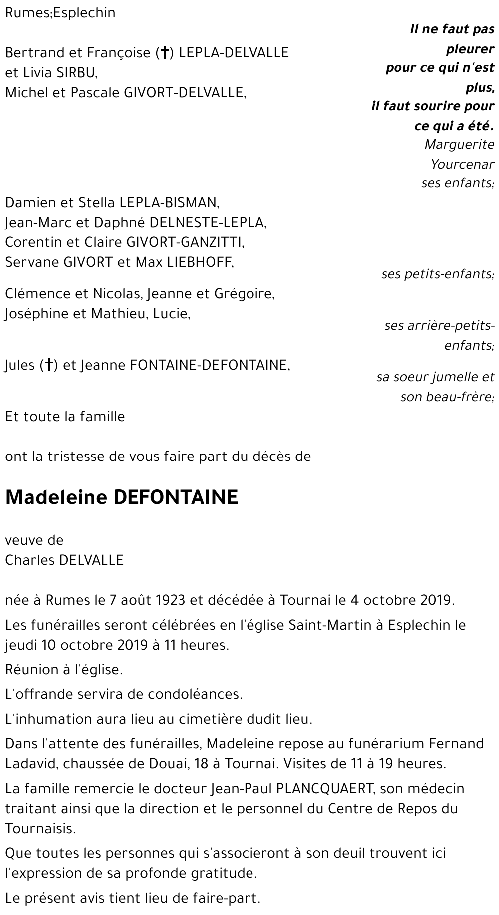 Madeleine DEFONTAINE