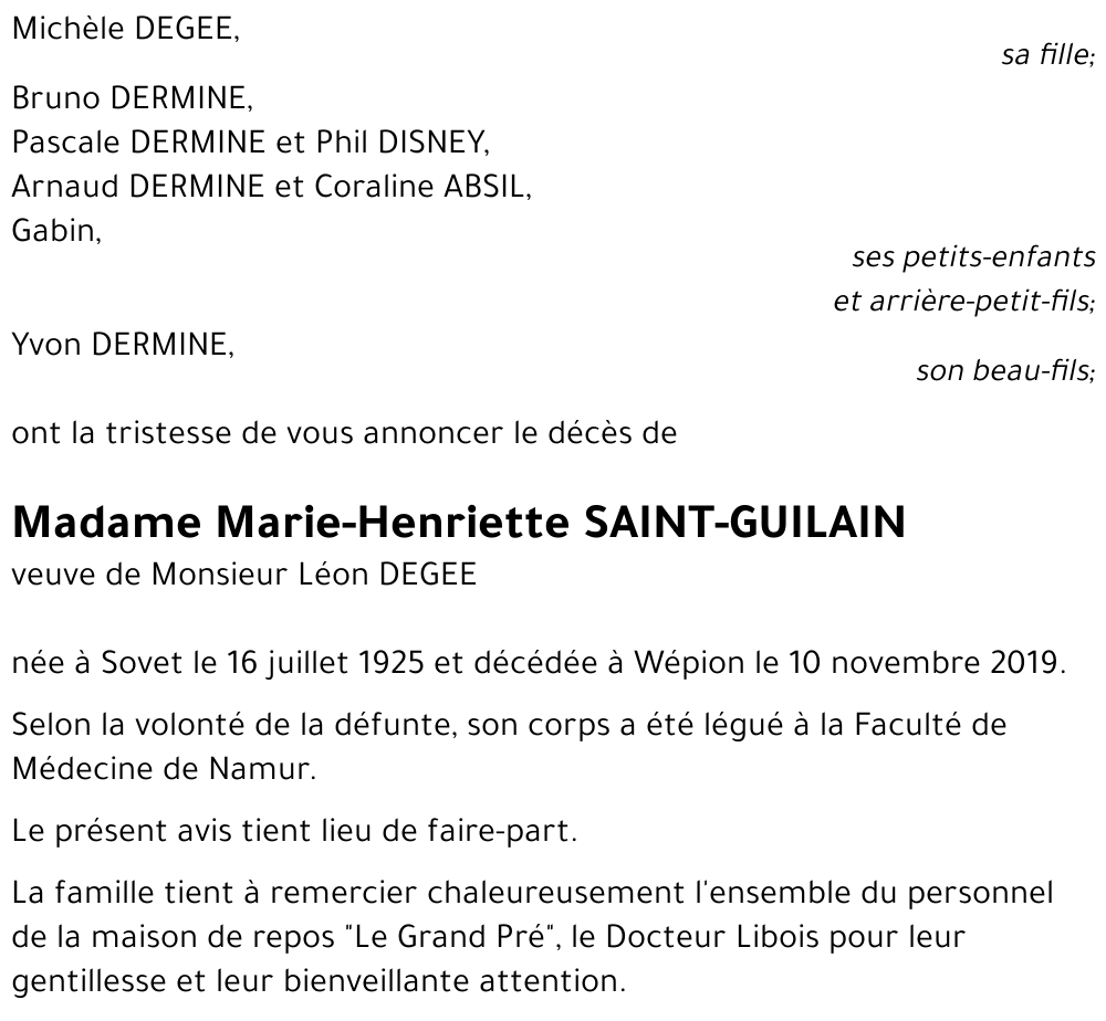 Avis de décès de Marie-Henriette SAINT-GUILAIN décédé le 10/11/2019 à ...