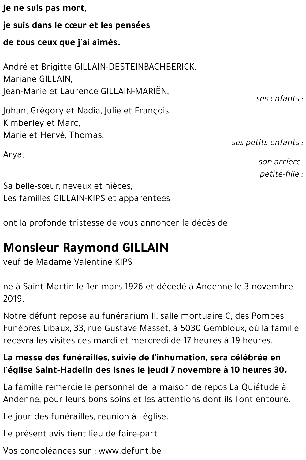 Avis de décès de Raymond GILLAIN décédé le 03/11/2019 à Andenne ...