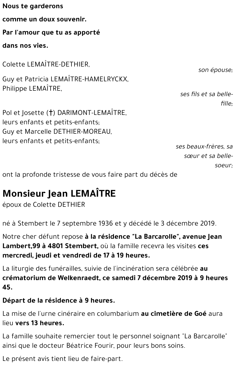 Avis de décès de Jean LEMAÎTRE décédé le 03/12/2019 à Stembert ...