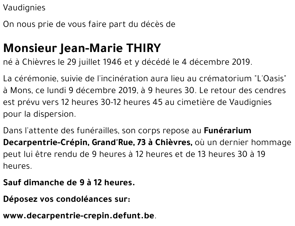 Avis de décès de Jean-Marie THIRY décédé le 04/12/2019 à Chièvres ...