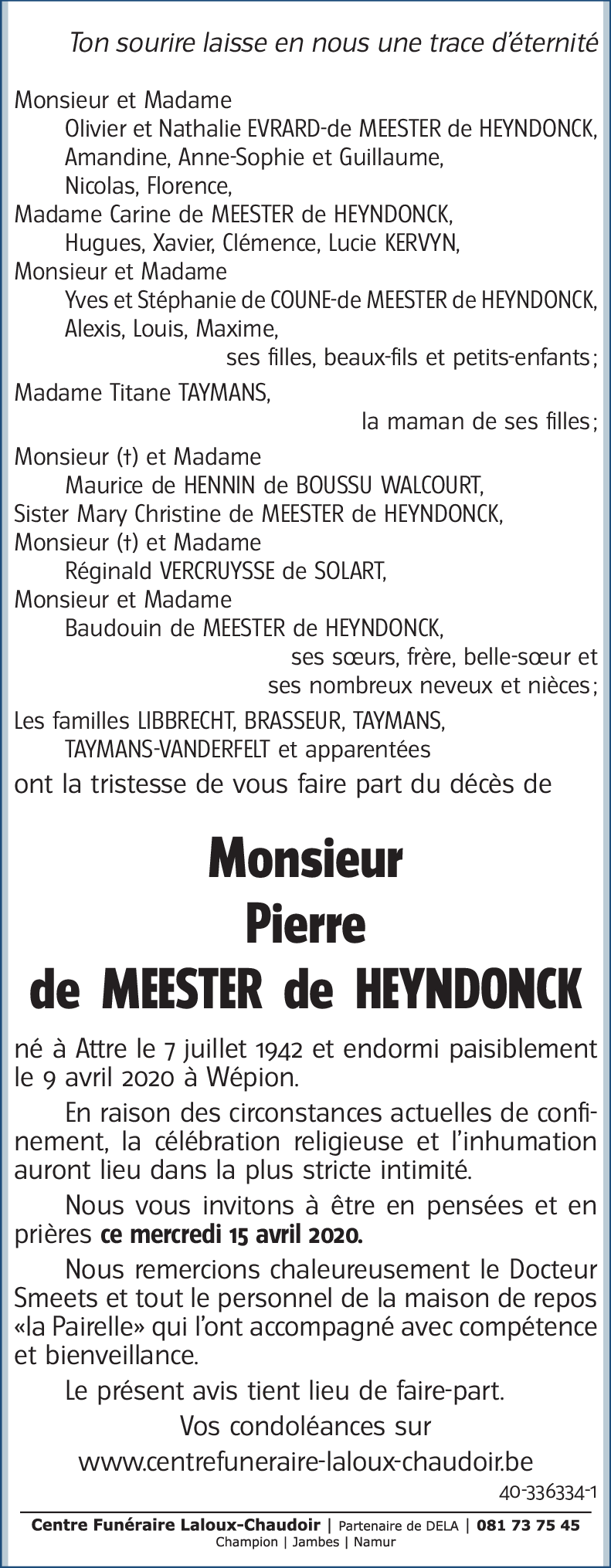 Pierre de MEESTER de HEYNDONCK