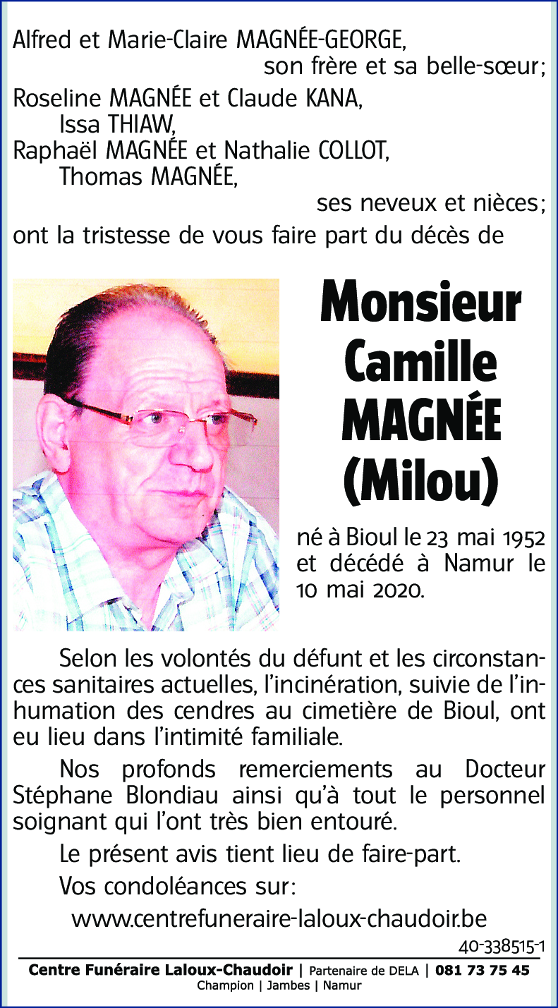 Avis De Décès De Camille MagnÉe Décédé Le 10 05 2020 à Namur Annonce