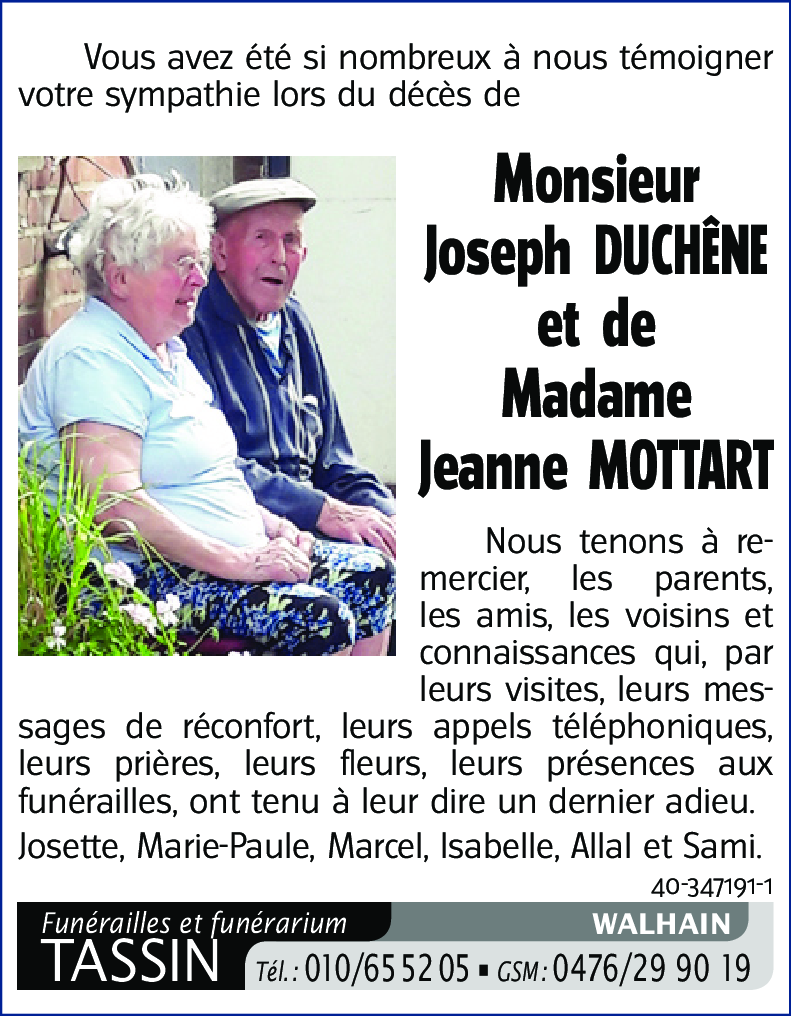 Joseph et Jeanne DUCHÊNE MOTTART