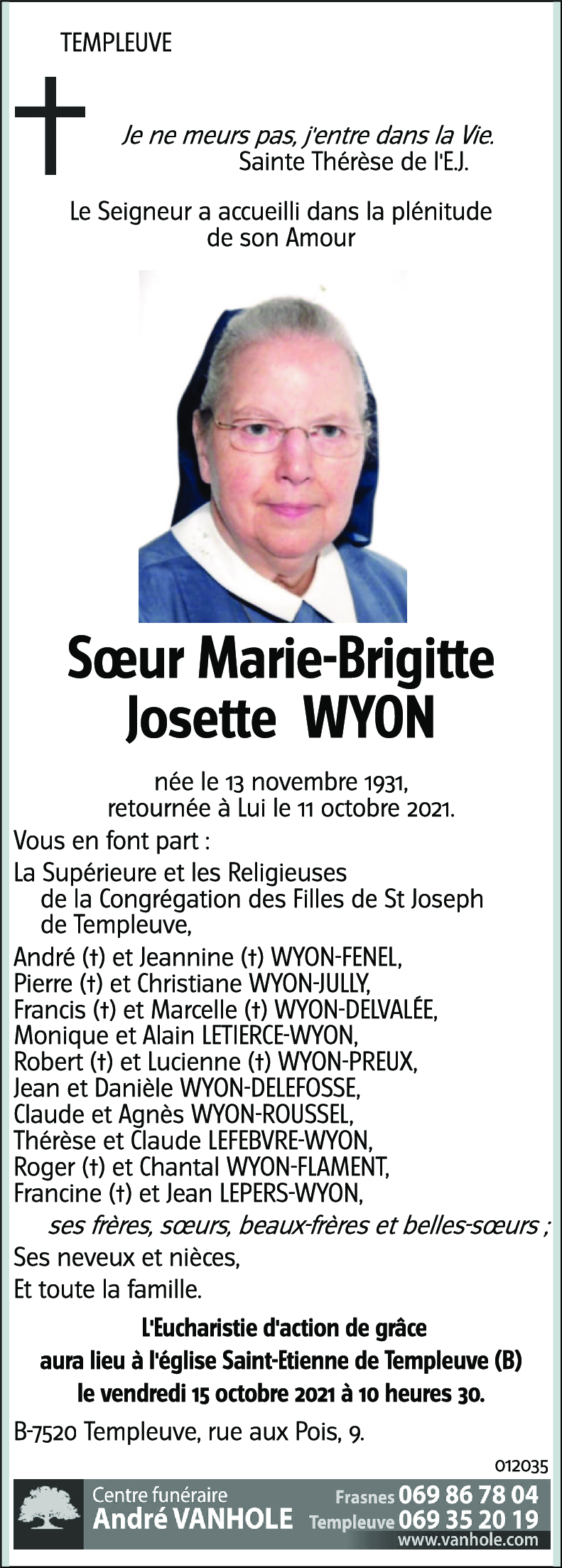 Sœur Marie-Brigitte Josette WYON