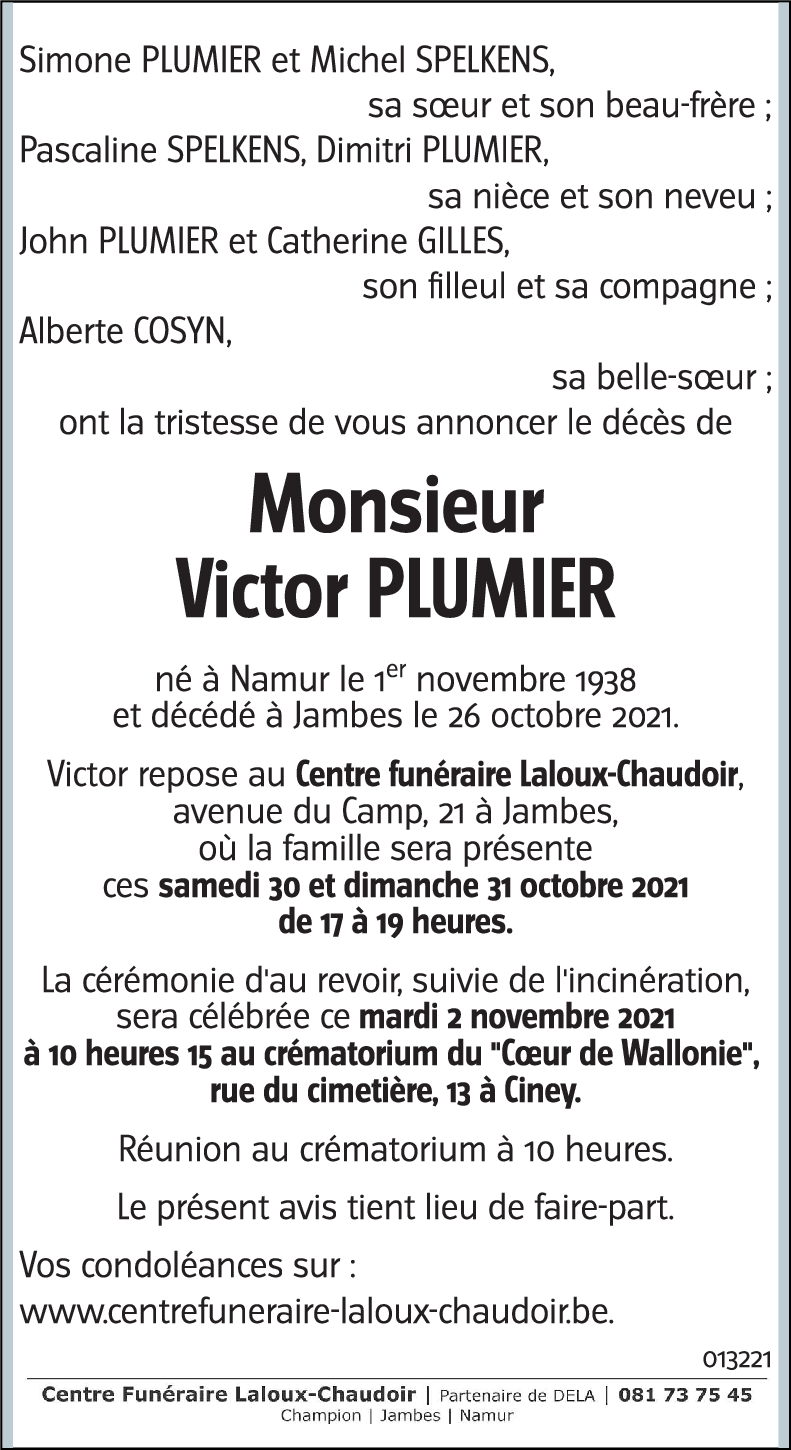 Avis De Décès De Victor Plumier Décédé Le 26 10 2021 à Jambes Annonce