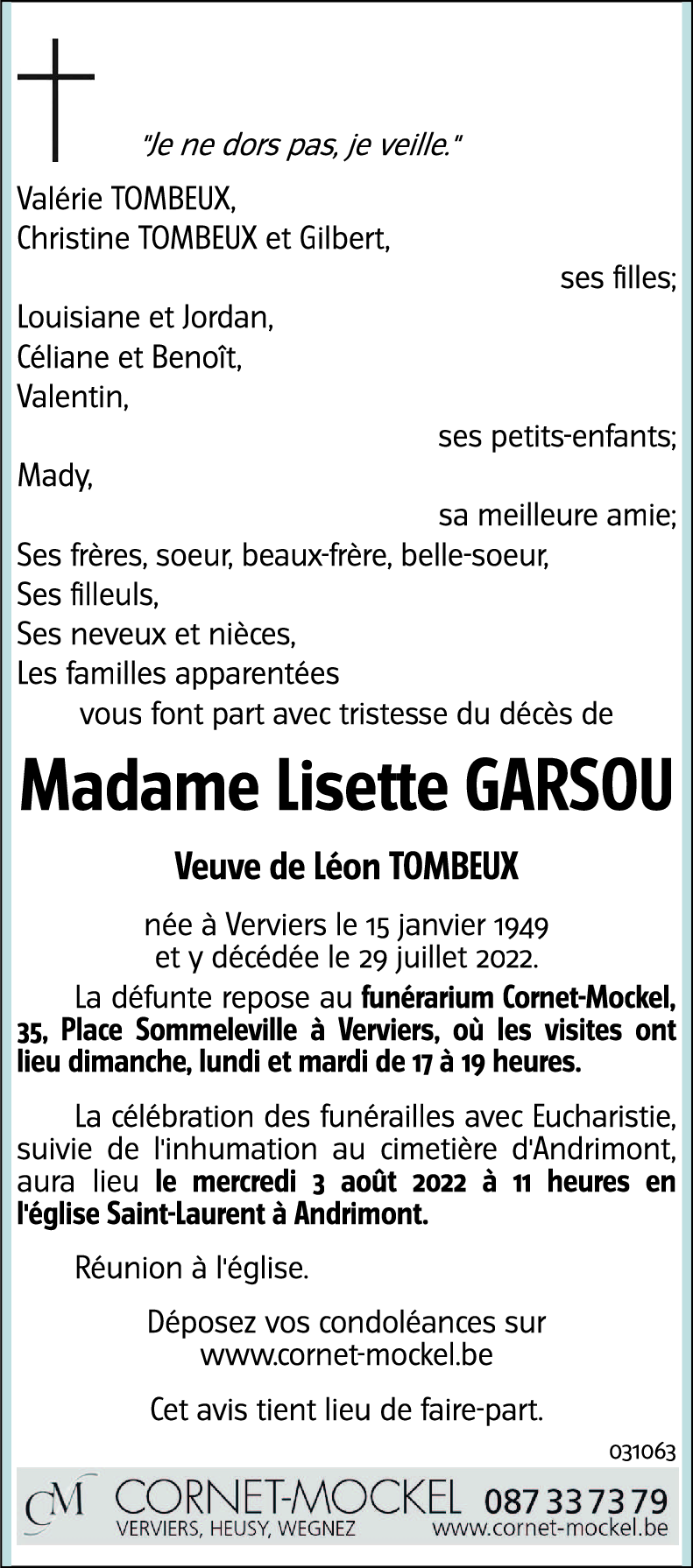 Lisette GARSOU veuve de Léon TOMBEUX