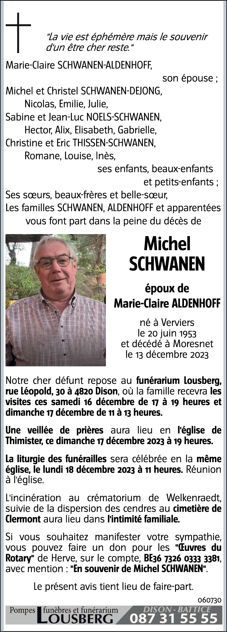Avis de décès de Michel SCHWANEN décédé le 13/12/2023 à Moresnet ...