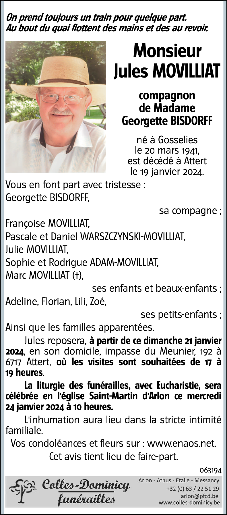 Avis De Décès De Jules Movilliat Décédé Le 19 01 2024 à Attert