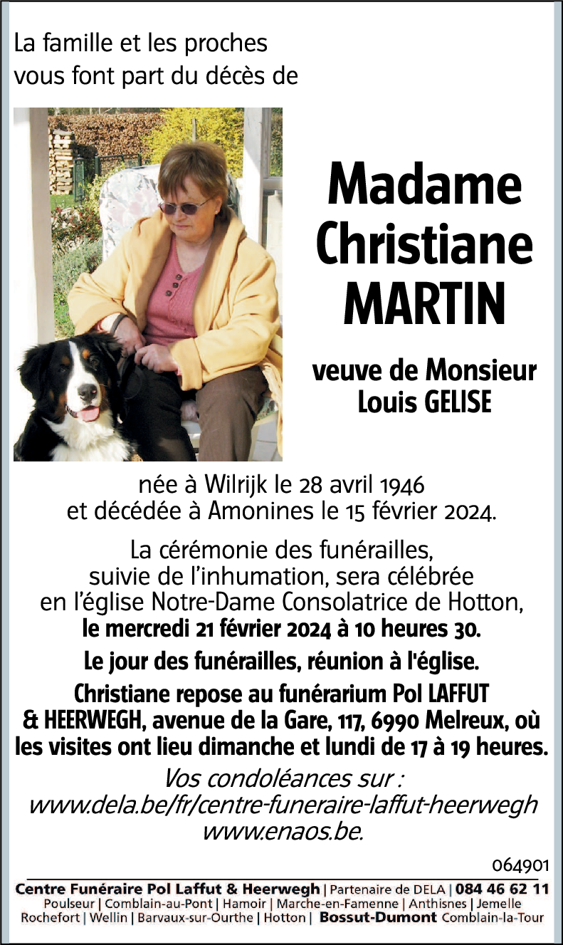 Avis De Décès De Christiane Martin Décédé Le 15 02 2024 à Amonines