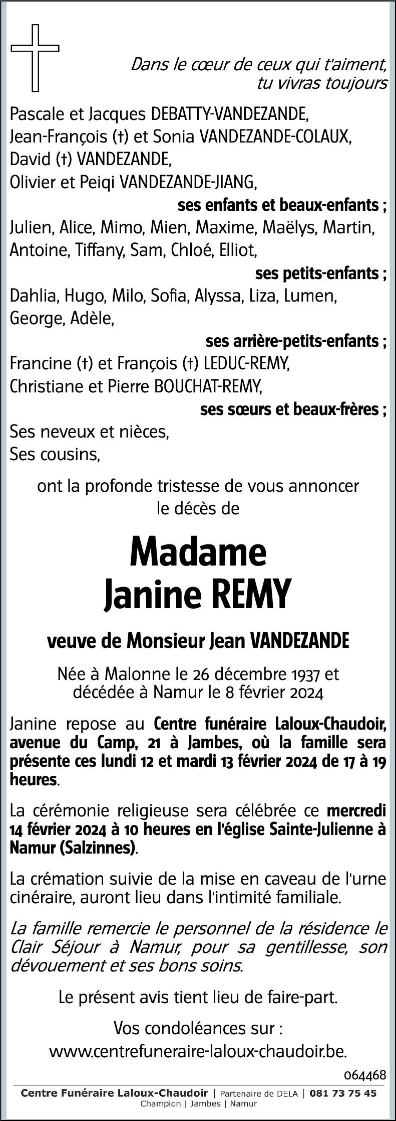 Avis De D C S De Janine Remy D C D Le Namur Annonce