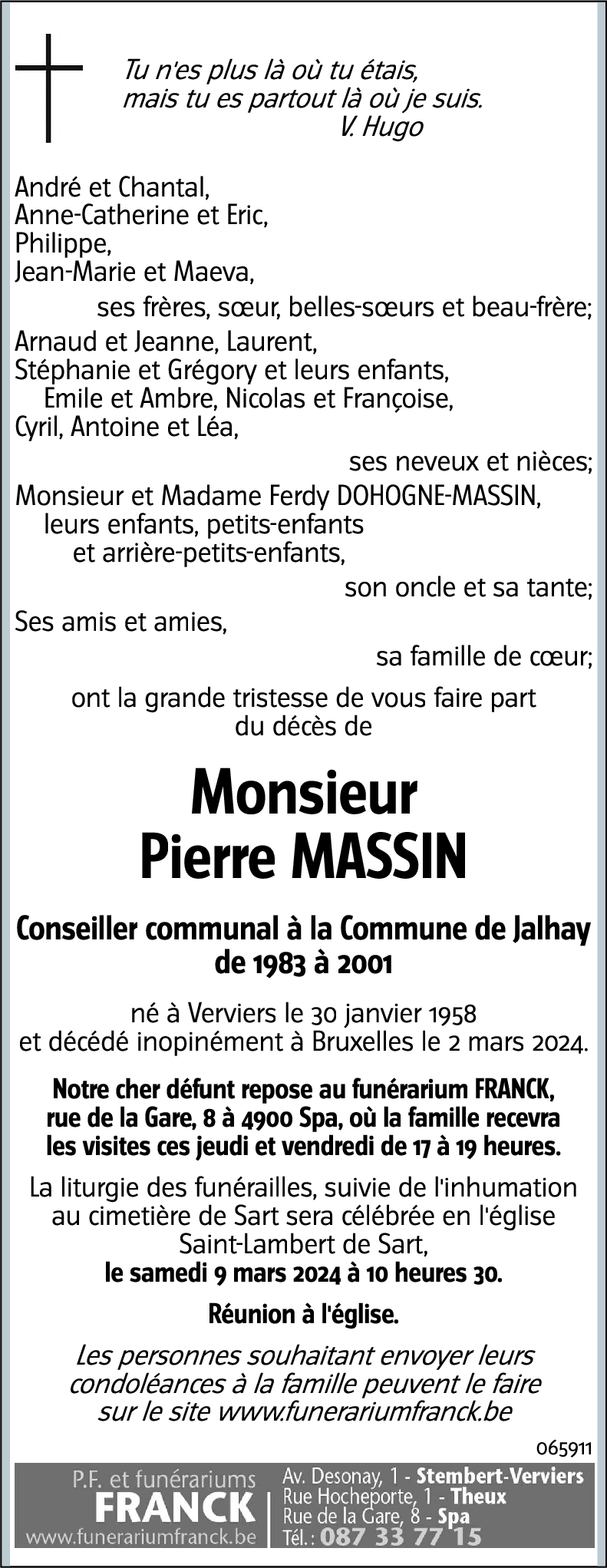 Avis de décès de Pierre Massin décédé le 02/03/2024 à Bruxelles