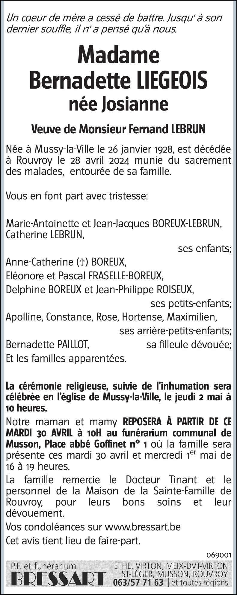 Bernadette née Josiane LIEGEOIS