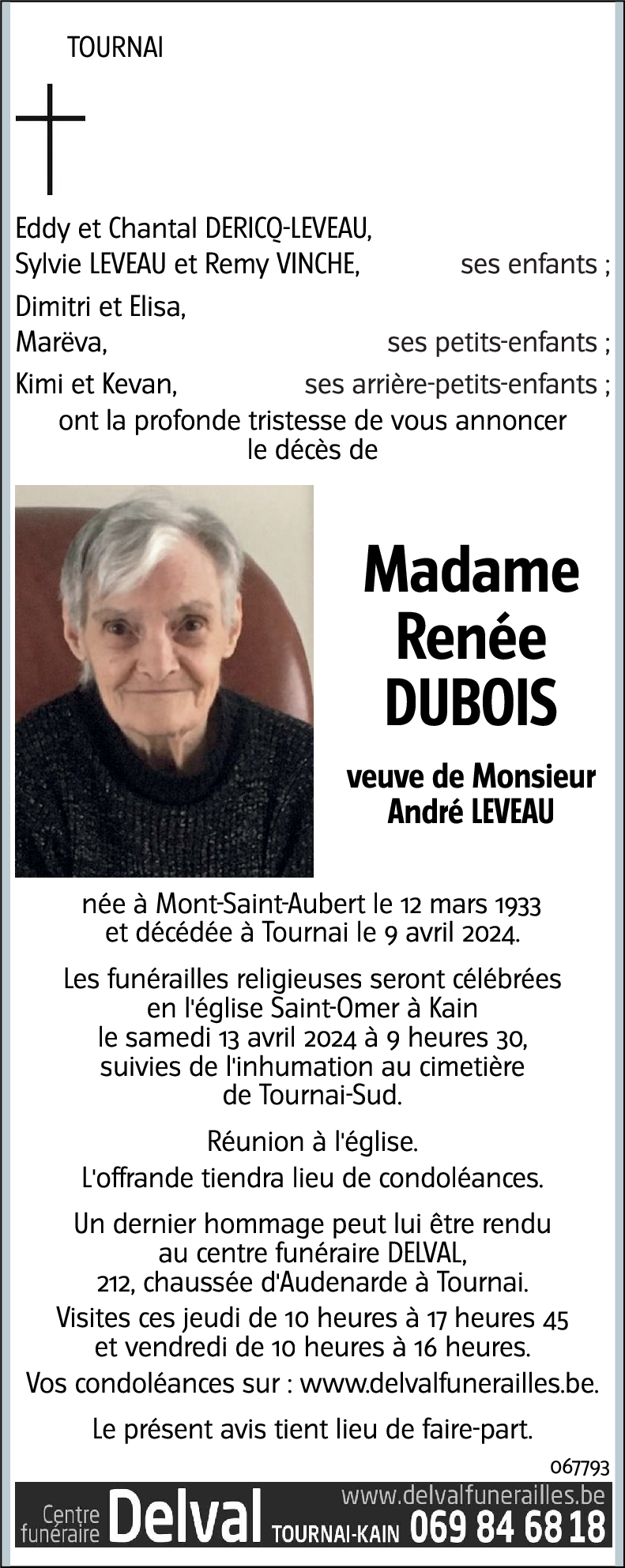 Avis de décès de Renée DUBOIS décédé le 09/04/2024 à Tournai : annonce ...