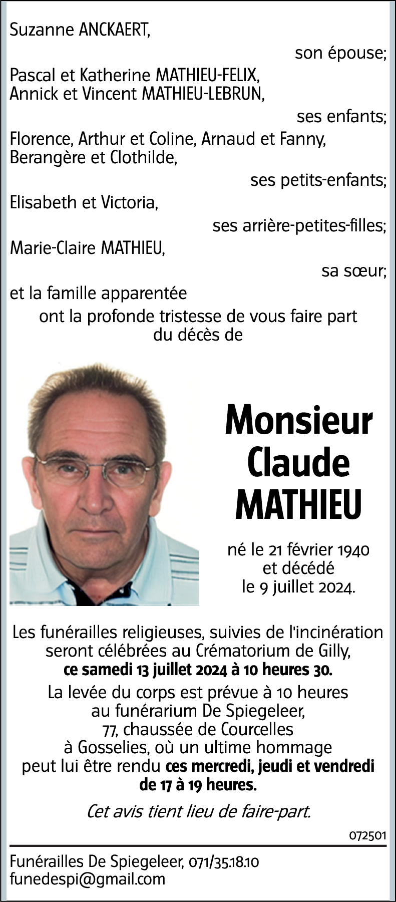 Avis de décès de Claude Mathieu décédé le 09/07/2024 à Gilly annonce